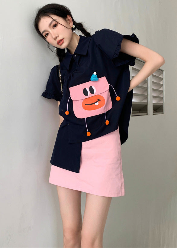 DIY Navy Asymmetrical Design Cartoon Pocket Cotton Shirt Puff Sleeve Ada Fashion