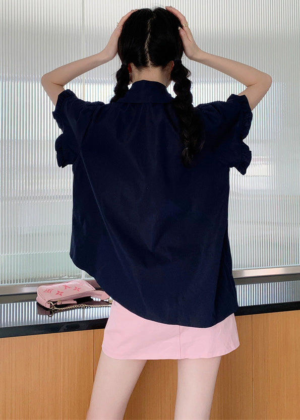 DIY Navy Asymmetrical Design Cartoon Pocket Cotton Shirt Puff Sleeve Ada Fashion