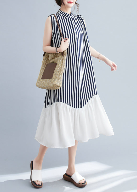 DIY Navy Stand Collar Patchwork Striped Dresses Sleeveless LY4889 - fabuloryshop