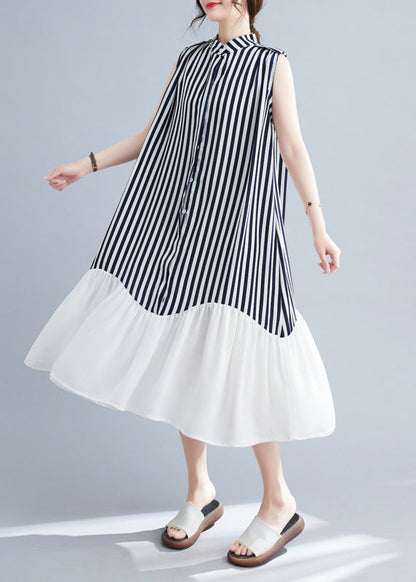 DIY Navy Stand Collar Patchwork Striped Dresses Sleeveless LY4889 - fabuloryshop