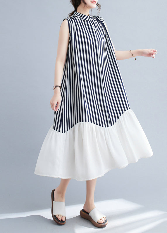 DIY Navy Stand Collar Patchwork Striped Dresses Sleeveless LY4889 - fabuloryshop