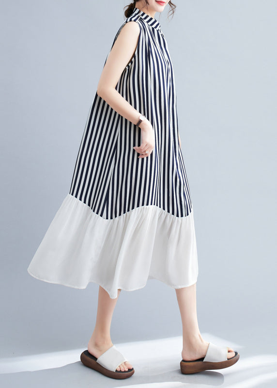 DIY Navy Stand Collar Patchwork Striped Dresses Sleeveless LY4889 - fabuloryshop