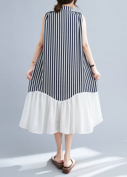 DIY Navy Stand Collar Patchwork Striped Dresses Sleeveless LY4889 - fabuloryshop