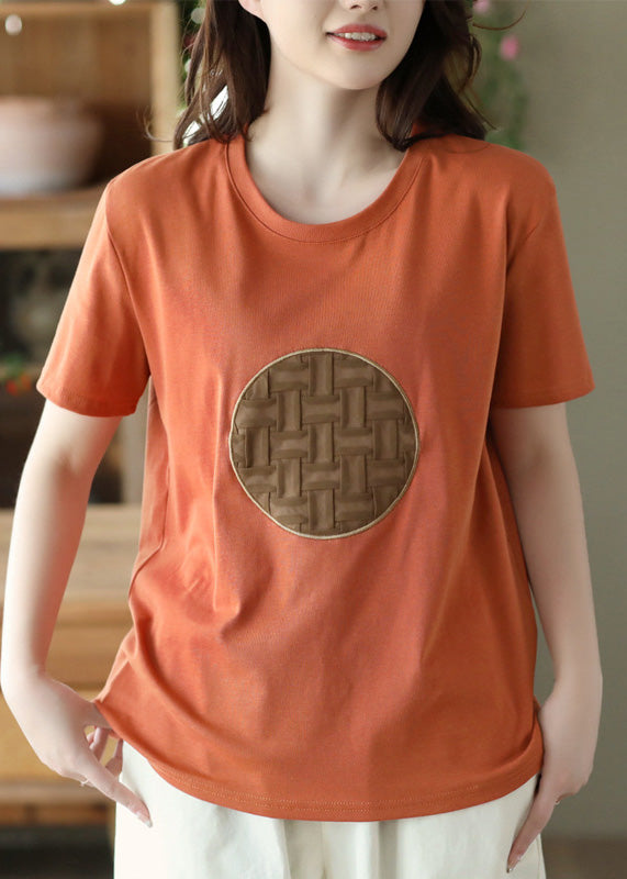DIY Orange O-Neck Patchwork Cotton T Shirt Short Sleeve Ada Fashion