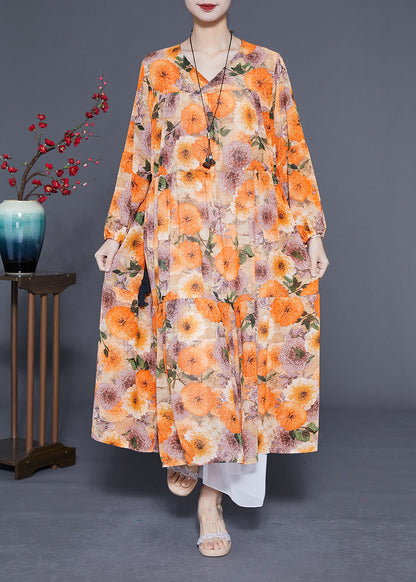 DIY Orange V Neck Cinched Print Chiffon Holiday Dress Spring LY1075 - fabuloryshop