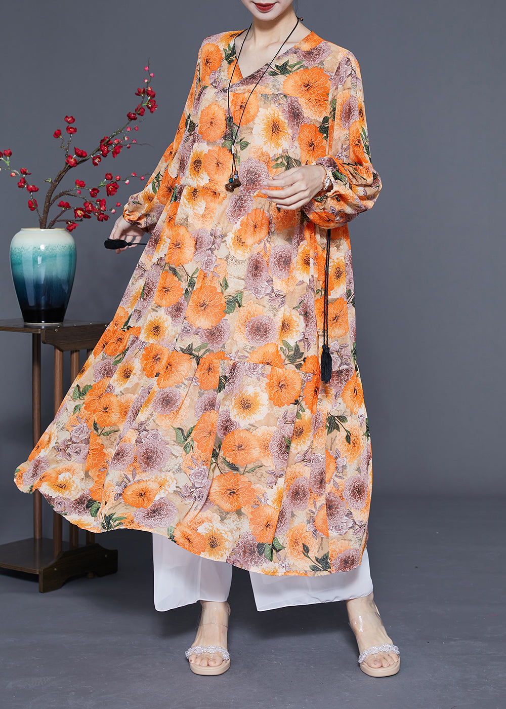 DIY Orange V Neck Cinched Print Chiffon Holiday Dress Spring LC0419 - fabuloryshop