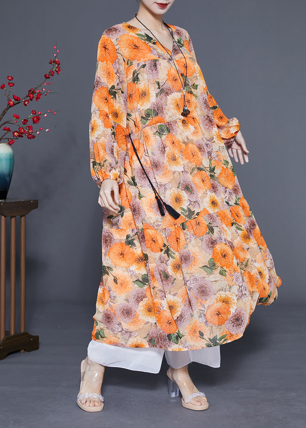 DIY Orange V Neck Cinched Print Chiffon Holiday Dress Spring LC0419 - fabuloryshop