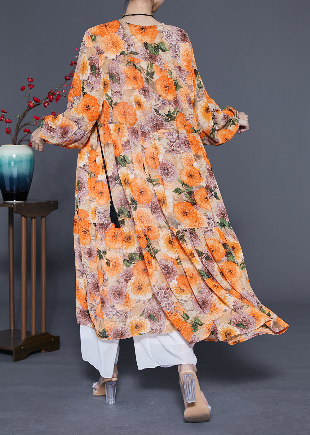 DIY Orange V Neck Cinched Print Chiffon Holiday Dress Spring LY1075 - fabuloryshop