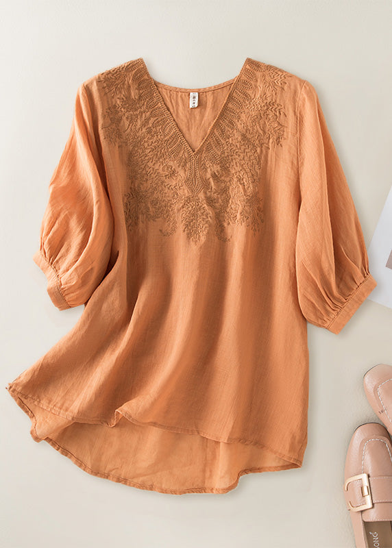 DIY Orange V Neck Embroideried Low High Design Linen Top Half Sleeve LY4495 - fabuloryshop