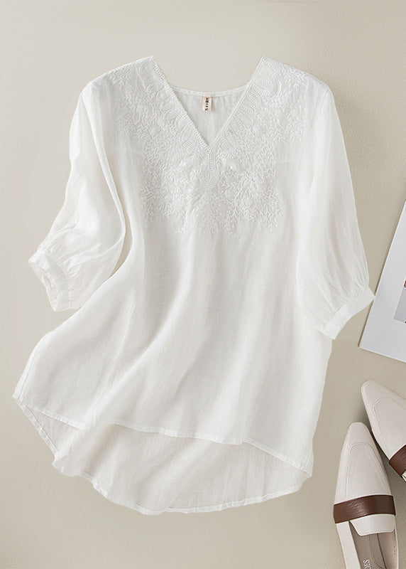 DIY Orange V Neck Embroideried Low High Design Linen Top Half Sleeve LY4495 - fabuloryshop