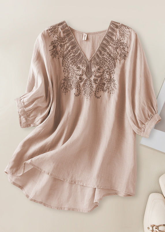 DIY Orange V Neck Embroideried Low High Design Linen Top Half Sleeve LY4495 - fabuloryshop