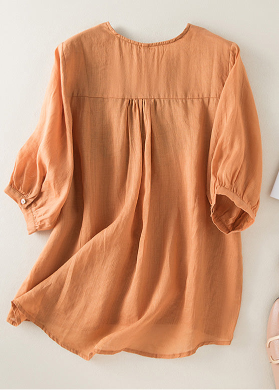 DIY Orange V Neck Embroideried Low High Design Linen Top Half Sleeve LY4495 - fabuloryshop