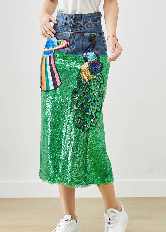 DIY Peacock Embroideried Patchwork Sequins Denim Skirt Fall Ada Fashion