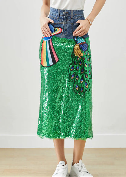 DIY Peacock Embroideried Patchwork Sequins Denim Skirt Fall Ada Fashion