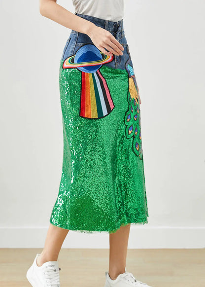 DIY Peacock Embroideried Patchwork Sequins Denim Skirt Fall Ada Fashion