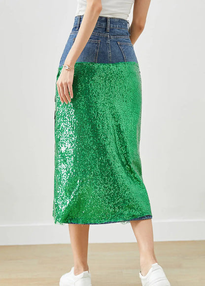 DIY Peacock Embroideried Patchwork Sequins Denim Skirt Fall Ada Fashion