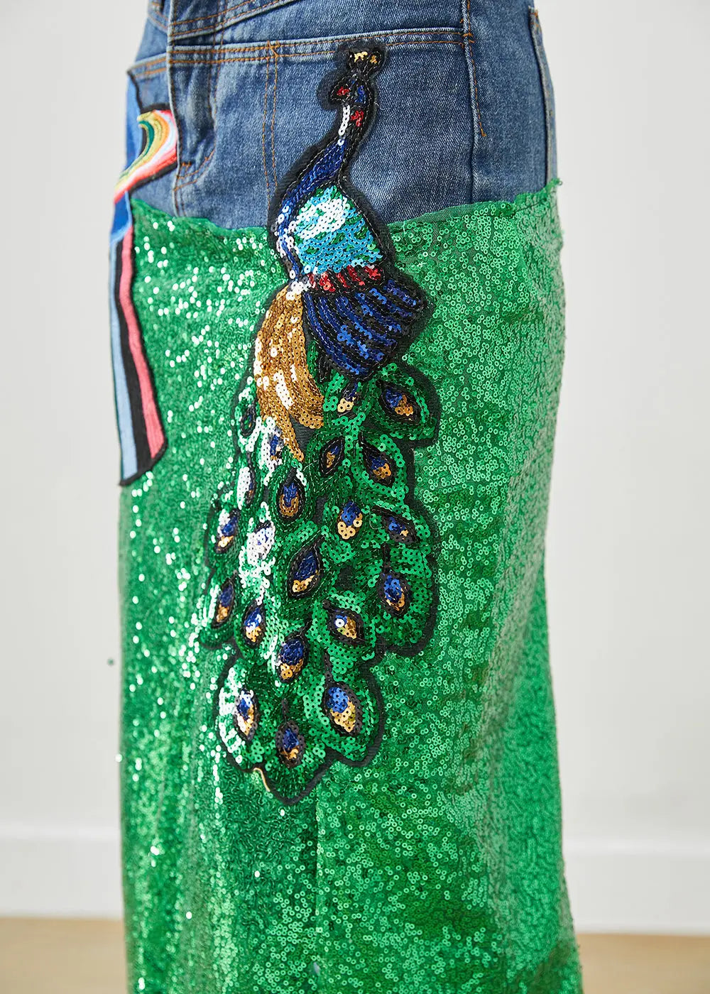 DIY Peacock Embroideried Patchwork Sequins Denim Skirt Fall Ada Fashion