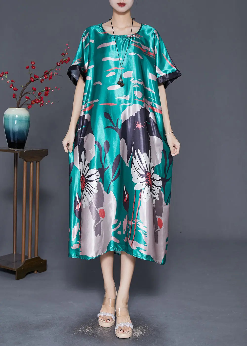 DIY Peacock Green Oversized Print Silk Dress Summer Ada Fashion