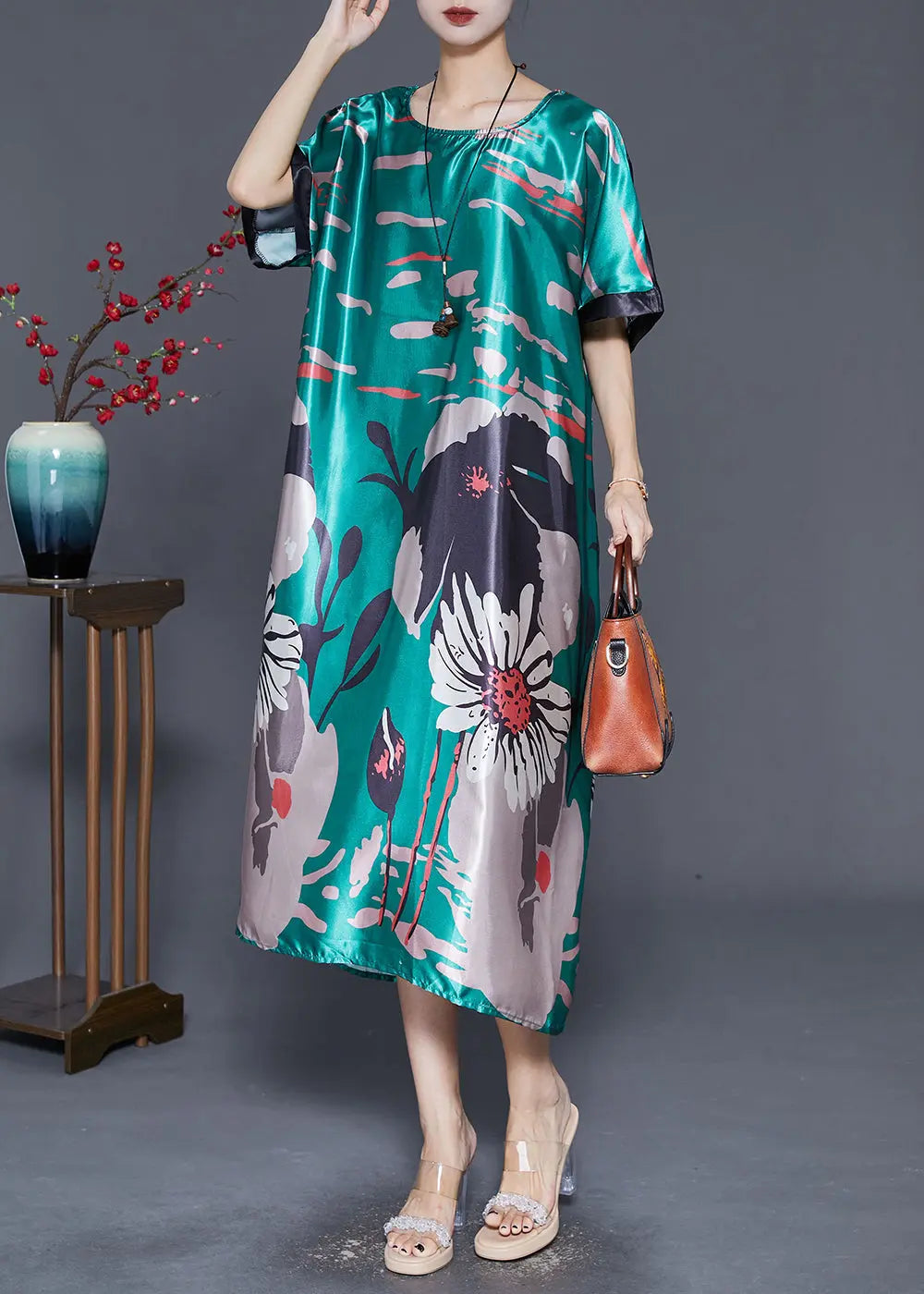 DIY Peacock Green Oversized Print Silk Dress Summer Ada Fashion