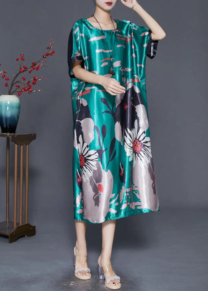 DIY Peacock Green Oversized Print Silk Dress Summer Ada Fashion