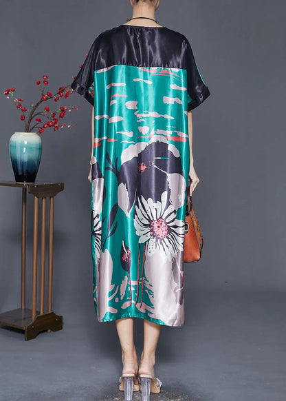 DIY Peacock Green Oversized Print Silk Dress Summer Ada Fashion