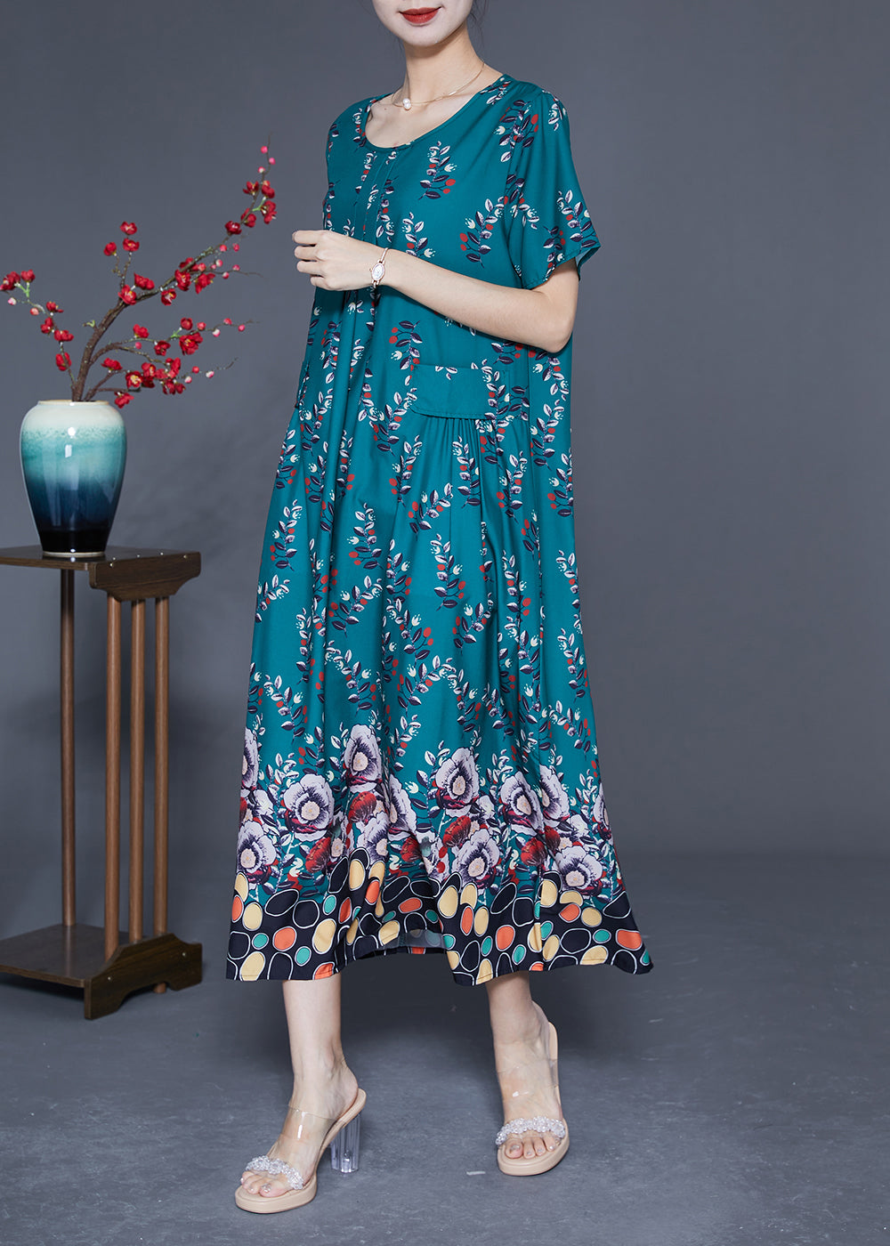 DIY Peacock Green Oversized Print Wrinkled Silk Maxi Dress Summer LY1824 - fabuloryshop