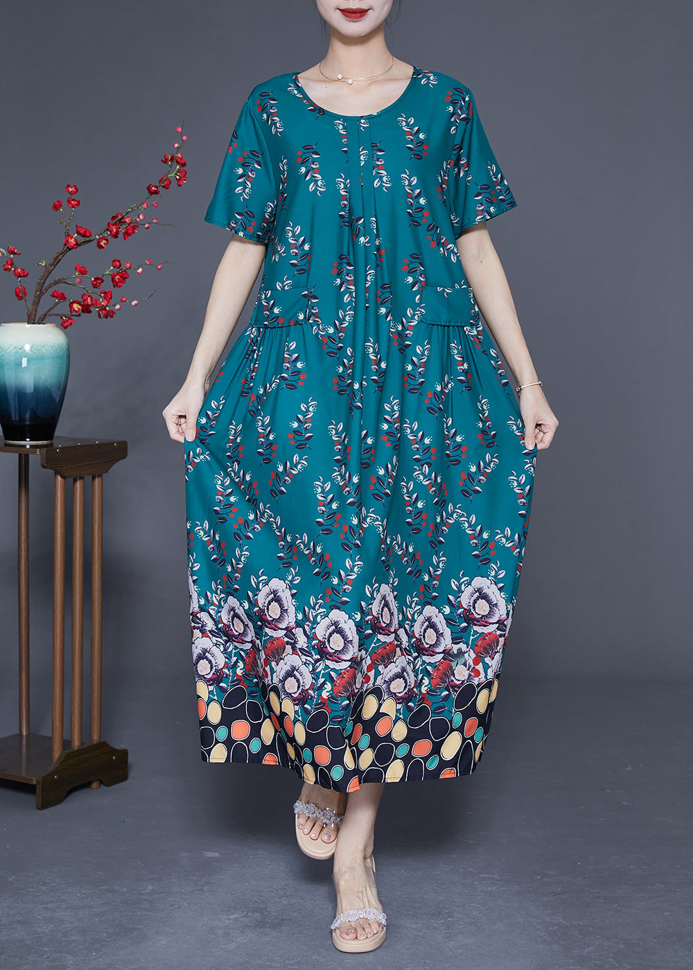 DIY Peacock Green Oversized Print Wrinkled Silk Maxi Dress Summer LY1824 - fabuloryshop