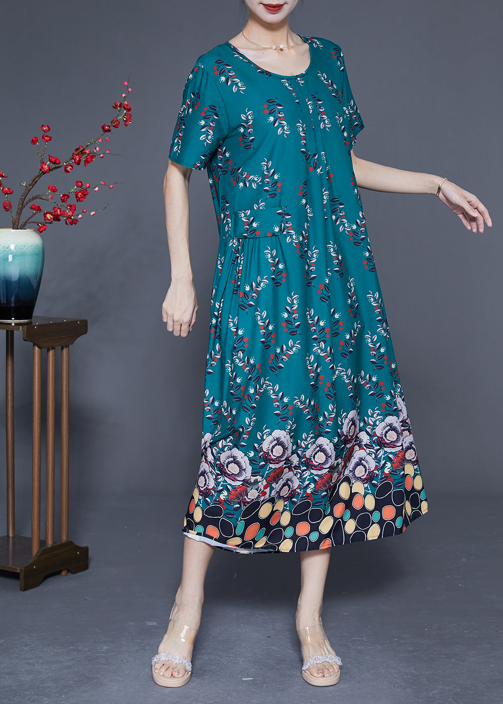 DIY Peacock Green Oversized Print Wrinkled Silk Maxi Dress Summer LY1824 - fabuloryshop