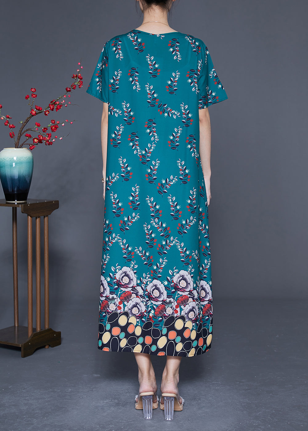 DIY Peacock Green Oversized Print Wrinkled Silk Maxi Dress Summer LY1824 - fabuloryshop