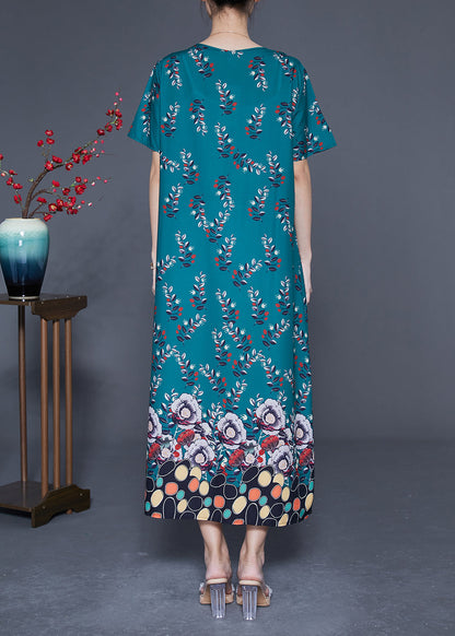 DIY Peacock Green Oversized Print Wrinkled Silk Maxi Dress Summer LY1824 - fabuloryshop