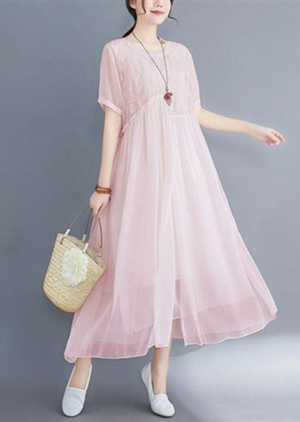 DIY Pink Embroideried Exra Large Hem Cotton Long Dress Summer LY0527 - fabuloryshop