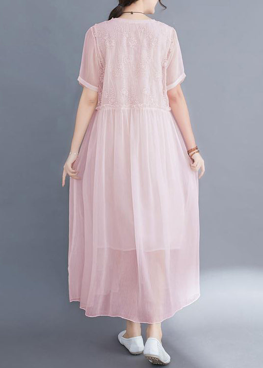 DIY Pink Embroideried Exra Large Hem Cotton Long Dress Summer LY0527