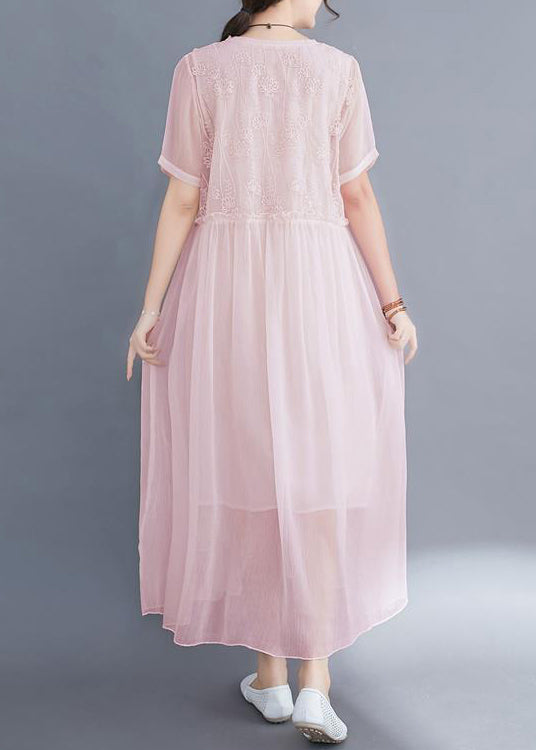 DIY Pink Embroideried Exra Large Hem Cotton Long Dress Summer LY0527 - fabuloryshop