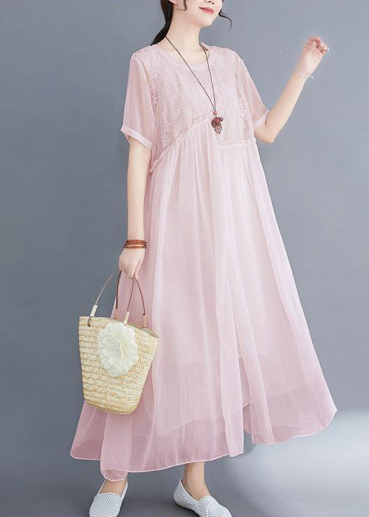 DIY Pink Embroideried Exra Large Hem Cotton Long Dress Summer LY0527 - fabuloryshop