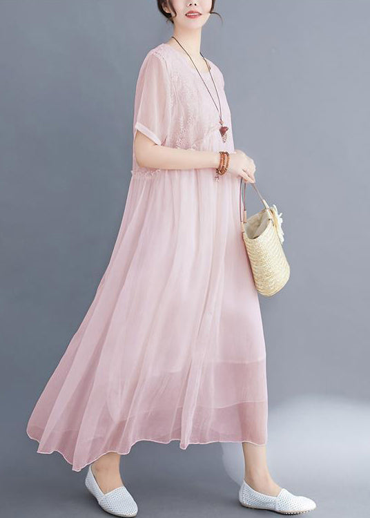 DIY Pink Embroideried Exra Large Hem Cotton Long Dress Summer LY0527 - fabuloryshop