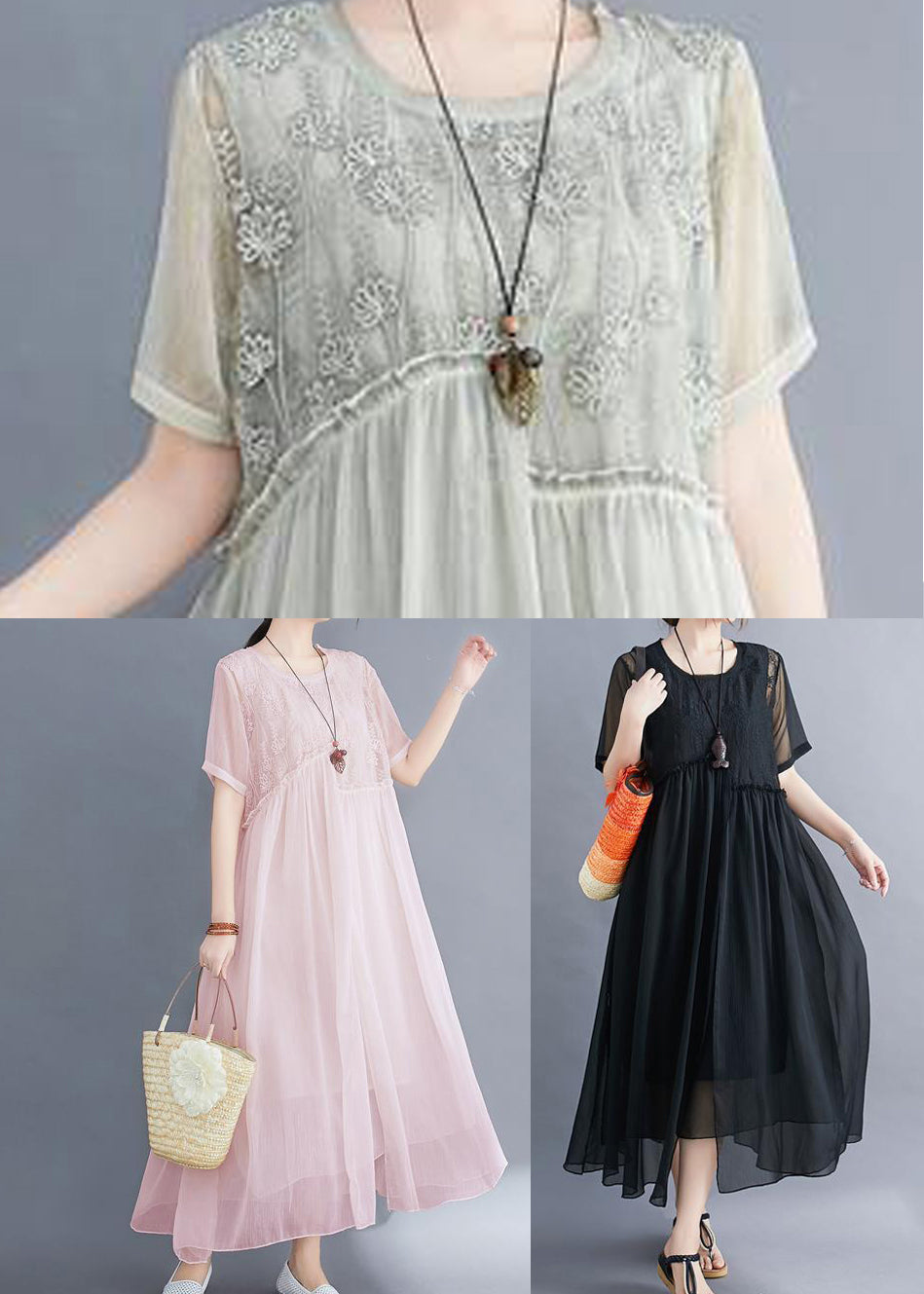 DIY Pink Embroideried Exra Large Hem Cotton Long Dress Summer LY0527