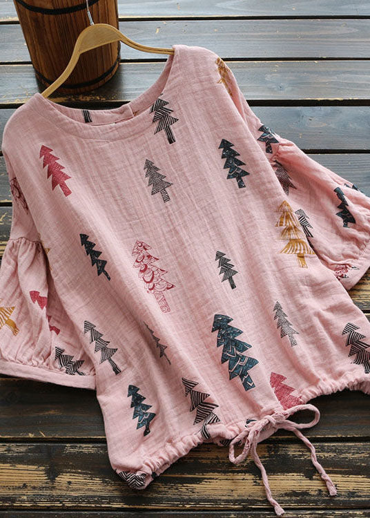 DIY Pink O Neck Print Cinched Patchwork Cotton Shirt Top Summer Ada Fashion