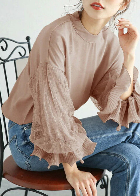 DIY Pink O-Neck Tulle Patchwork Chiffon Shirt Lantern Sleeve LY2186 - fabuloryshop