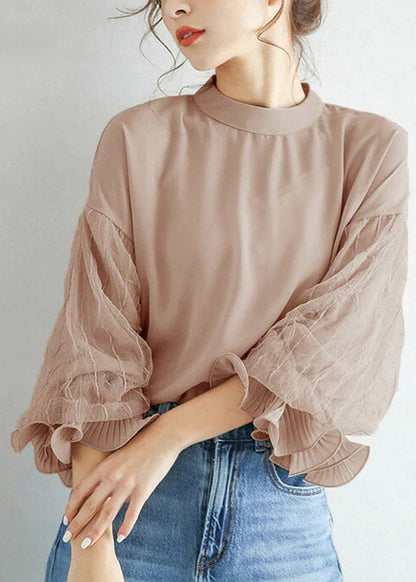 DIY Pink O-Neck Tulle Patchwork Chiffon Shirt Lantern Sleeve LY2186 - fabuloryshop