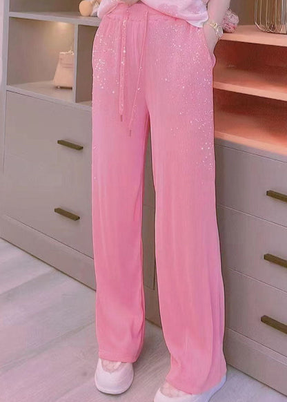 DIY Pink Pockets Zircon Patchwork Ice Silk Wide Leg Pants Summer LY3986 - fabuloryshop