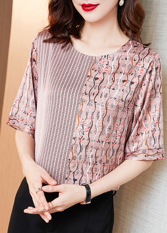 DIY Pink Print Striped Patchwork Silk T Shirt Short Sleeve LY0366