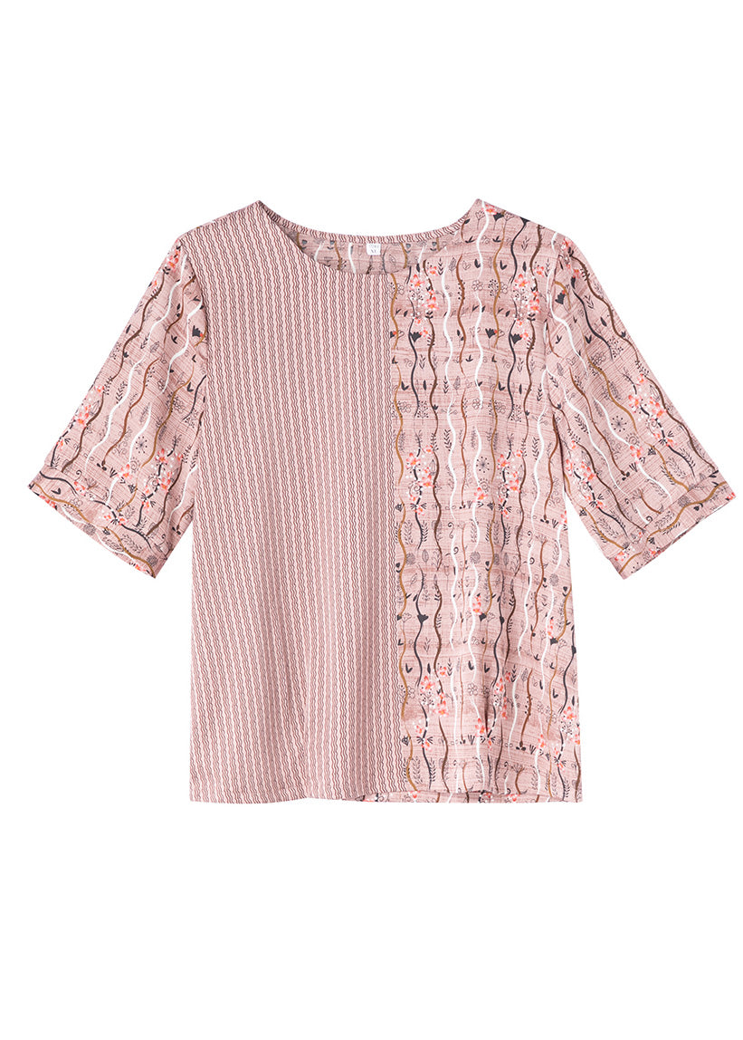 DIY Pink Print Striped Patchwork Silk T Shirt Short Sleeve LY0366 - fabuloryshop