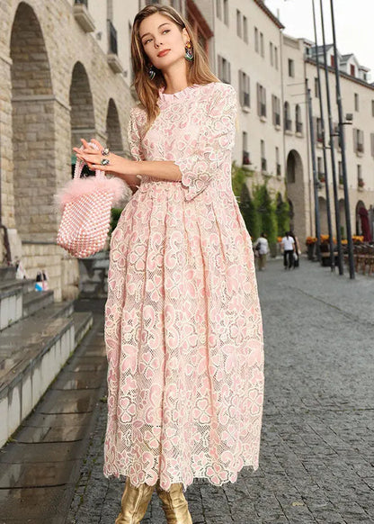 DIY Pink Stand Collar Hollow Out Patchwork Lace Maxi Dresses Bracelet Sleeve Ada Fashion