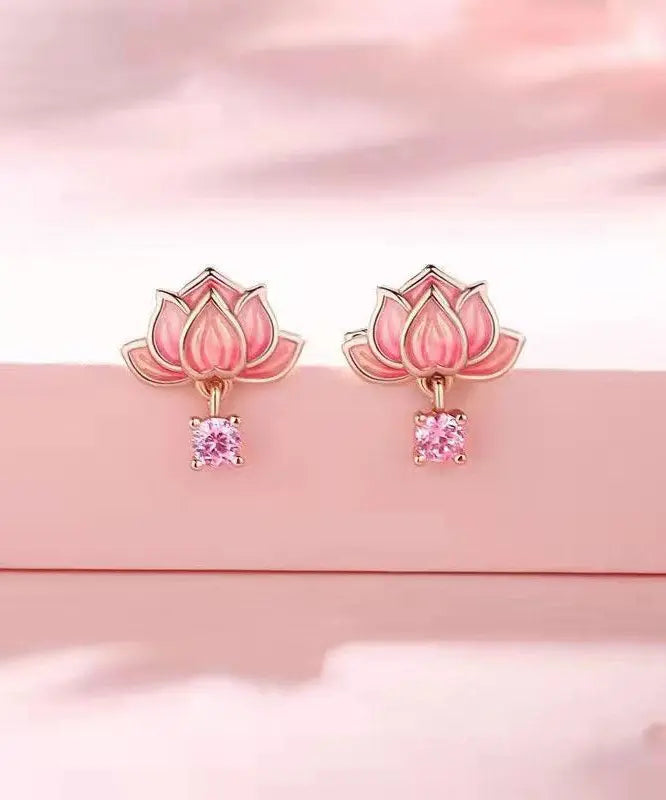 DIY Pink Sterling Silver Overgild Inlaid Zircon Enamerl Stud Earrings Ada Fashion