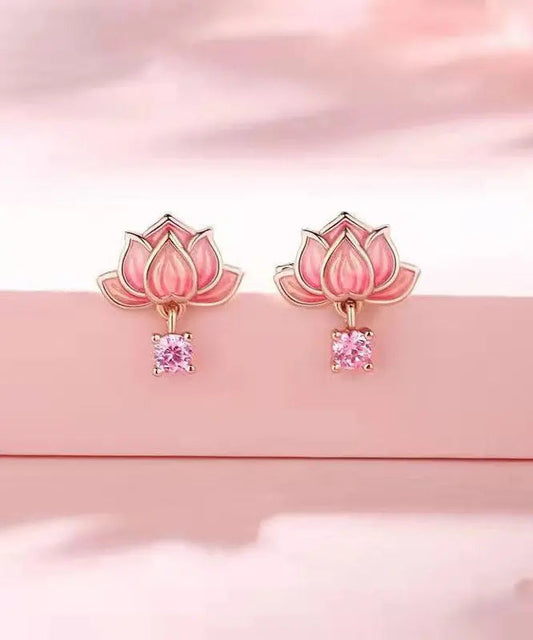 DIY Pink Sterling Silver Overgild Inlaid Zircon Enamerl Stud Earrings Ada Fashion