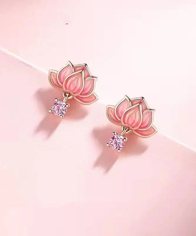 DIY Pink Sterling Silver Overgild Inlaid Zircon Enamerl Stud Earrings Ada Fashion