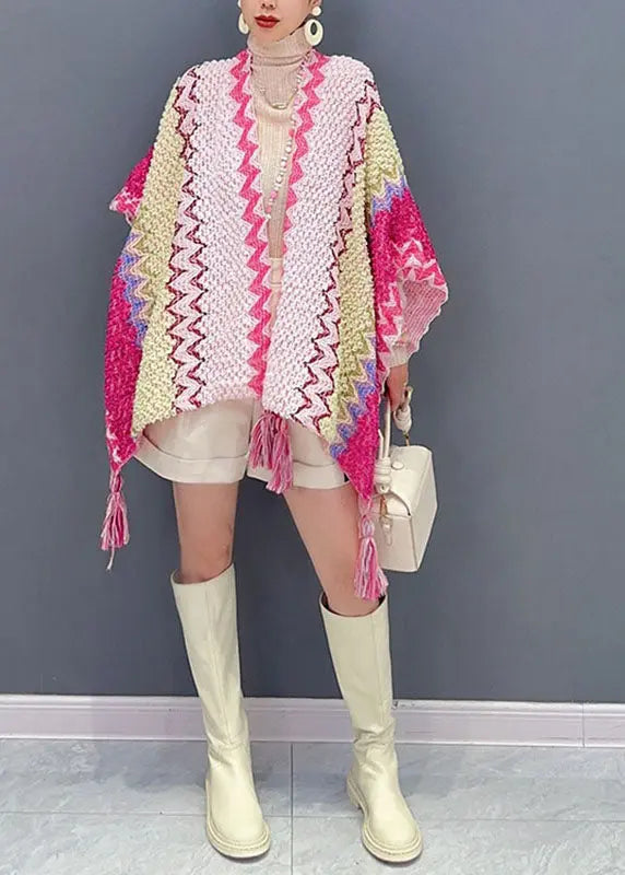 DIY Pink Striped Patchwork Tassel Knit Cape Fall Ada Fashion