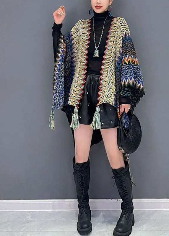 DIY Pink Striped Patchwork Tassel Knit Cape Fall Ada Fashion