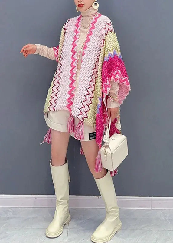 DIY Pink Striped Patchwork Tassel Knit Cape Fall Ada Fashion