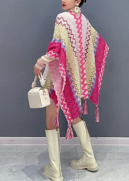 DIY Pink Striped Patchwork Tassel Knit Cape Fall Ada Fashion